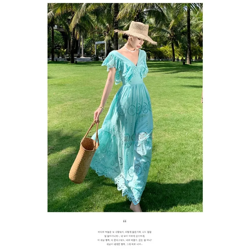 Tiro real de estilo fada personalizado recorte bordado babados mangas voadoras profundo decote em v cintura vestido saia longa