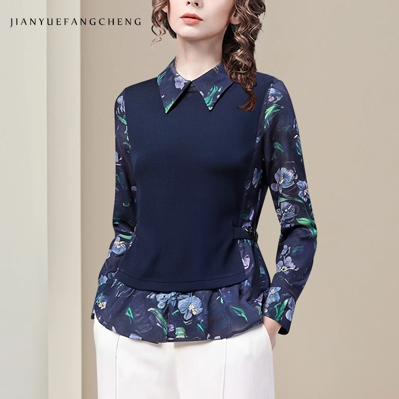 

Модная женская блузка с длинным рукавом с цветочным принтом, вязаный отложной воротник, осенне-зимние пуловеры, тонкие короткие повседневные топы