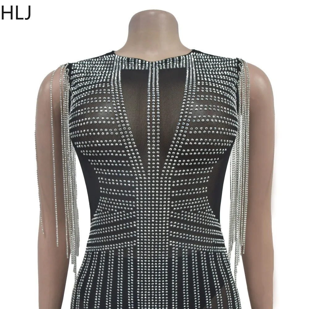 HLJ Fashion Tassels Rhinestone Mesh Perspective Bodycon Party Club Mini Dresses 2024 Women Round Neck Sleeveless Slim Vestidos