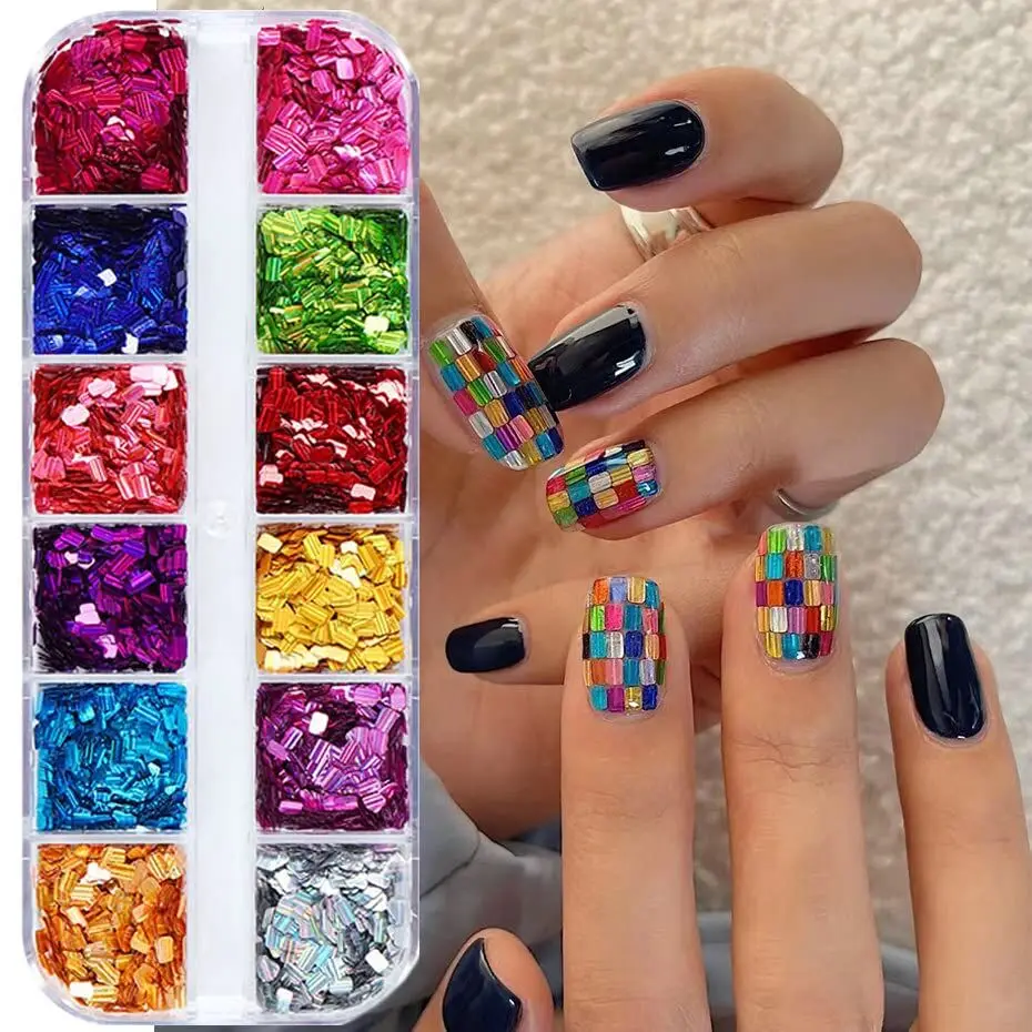 

Square Glitter Nail Art Sequins, 12 Colors Rectangle Glitters Flakes Design, Holographic 3D Sparkly Acrylic Nails Supplies for W