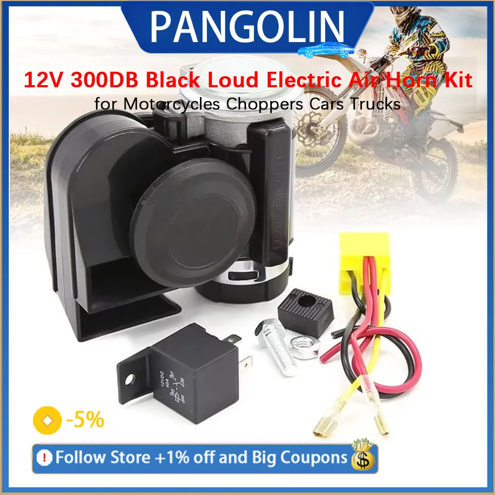 

PANGOLIN 1pc 12V 300DB Black Loud Electric Air Horn Kit DC 12V or 24V 18A or 10A 300dB for Motorcycles Choppers Cars Trucks