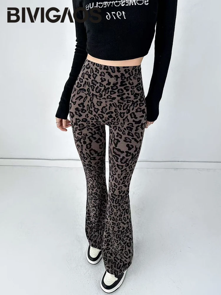 BIVIGAOS Spirng Autumn Fashion Leopard Print Flared Leggings Women High Waist Slimming FLeece Warm Elastic Flared Pants