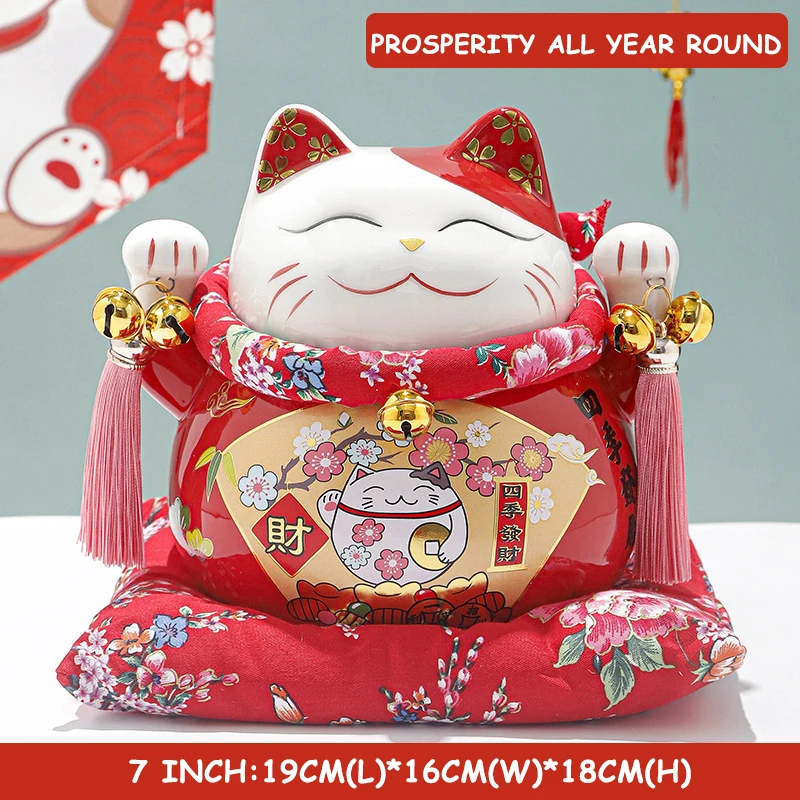 7 inch Ceramic Lucky Cat Statue Maneki Neko Porcelain Fortune Cats Figure Money Bank Feng Shui Decor Ornament Home Centerpiece view 4