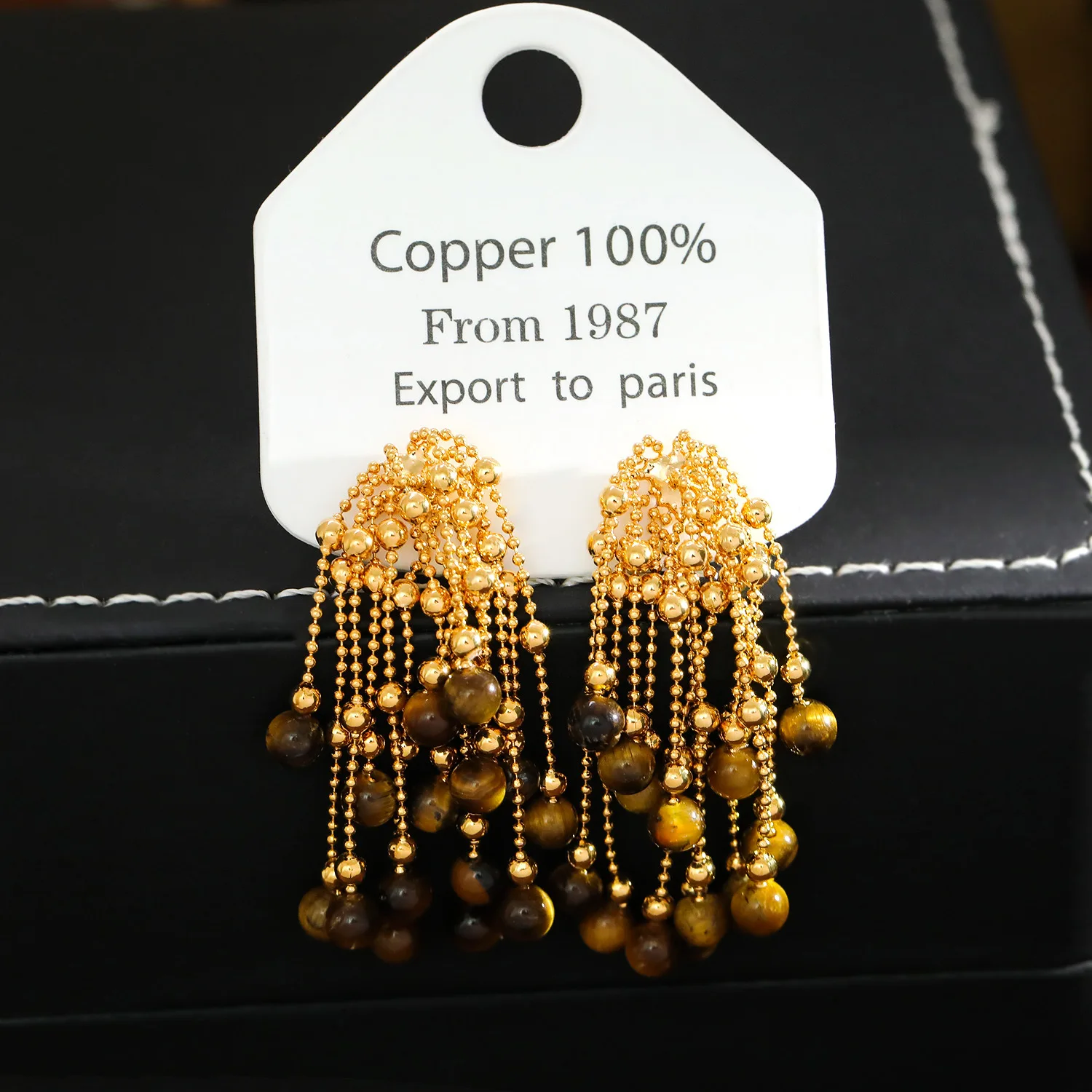 Unique Gorgeous Starry Tassel Tiger Eye Stone Dangle Earrings Light Luxury Premium Fashion Commuting Retro Earrings Wholesale