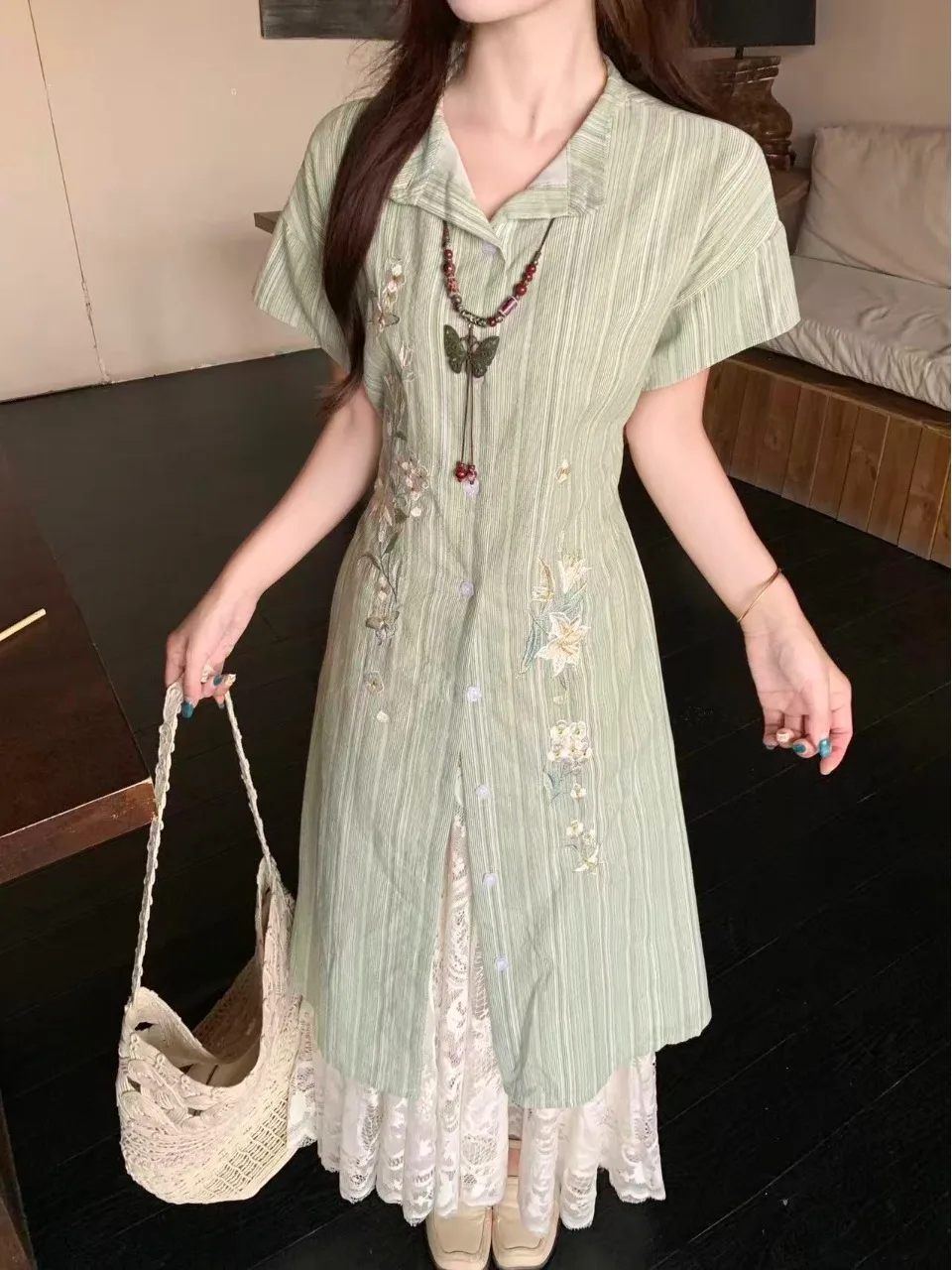 

Artistic Embroidered Striped Shirt Dress plus Size Women's Summer Casual Fashion Set Slimming Two-Piece Suit Chinese Style