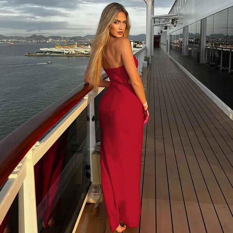 Black Strapless Beach Dress for Women Sexy Waist Cut Out Slim Maxi Party Dresses Summer Backless Holiday Bohemian Dress 2025