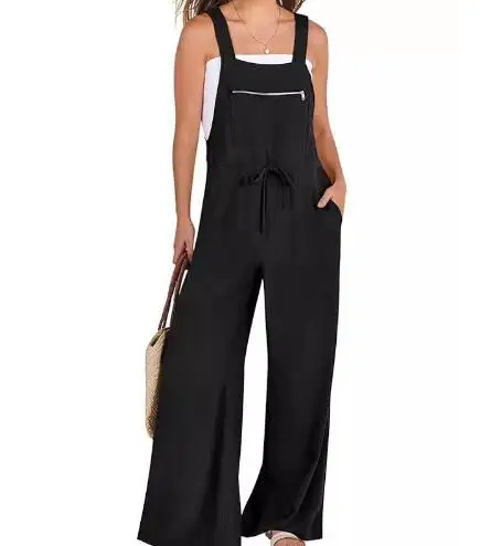 

Cotton Linen Jumpsuit Women‘s Solid Sleeveless Button Pockets Wide Leg Suspender Pants Summer Oversized Loose Rompers