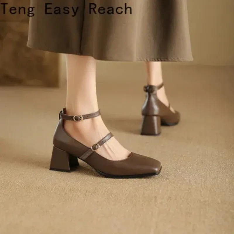 Luxury Silver Mary Jean Shoes Women Square Toe Buckle Strap Pumps Thick Heels Woman High Heeled Sandals Ladies Mirror Heels 2024