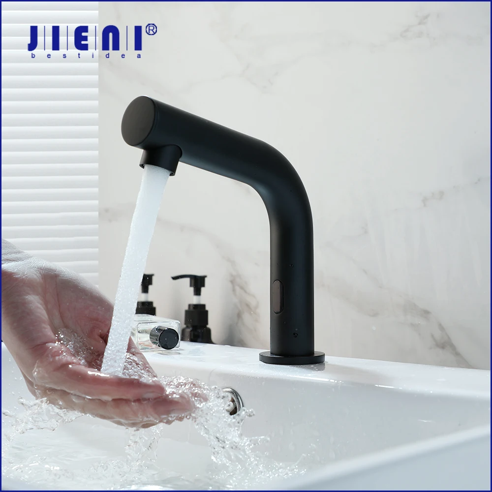 

JIENI Bathroom Basin Automatic Sensor Faucet Deck Mounted Stream Matte Black Touch Free Hygiene With Hot & Cold Water Mixer Taps