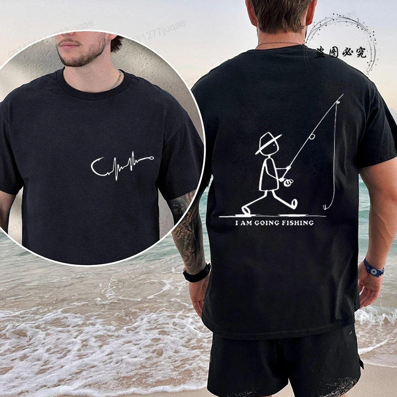 Men's Fishing Graphic T-shirt Black with Fisherman Front Back Print T-Shirts Summer Tee Fishing Trip Personality Male Tee Tops