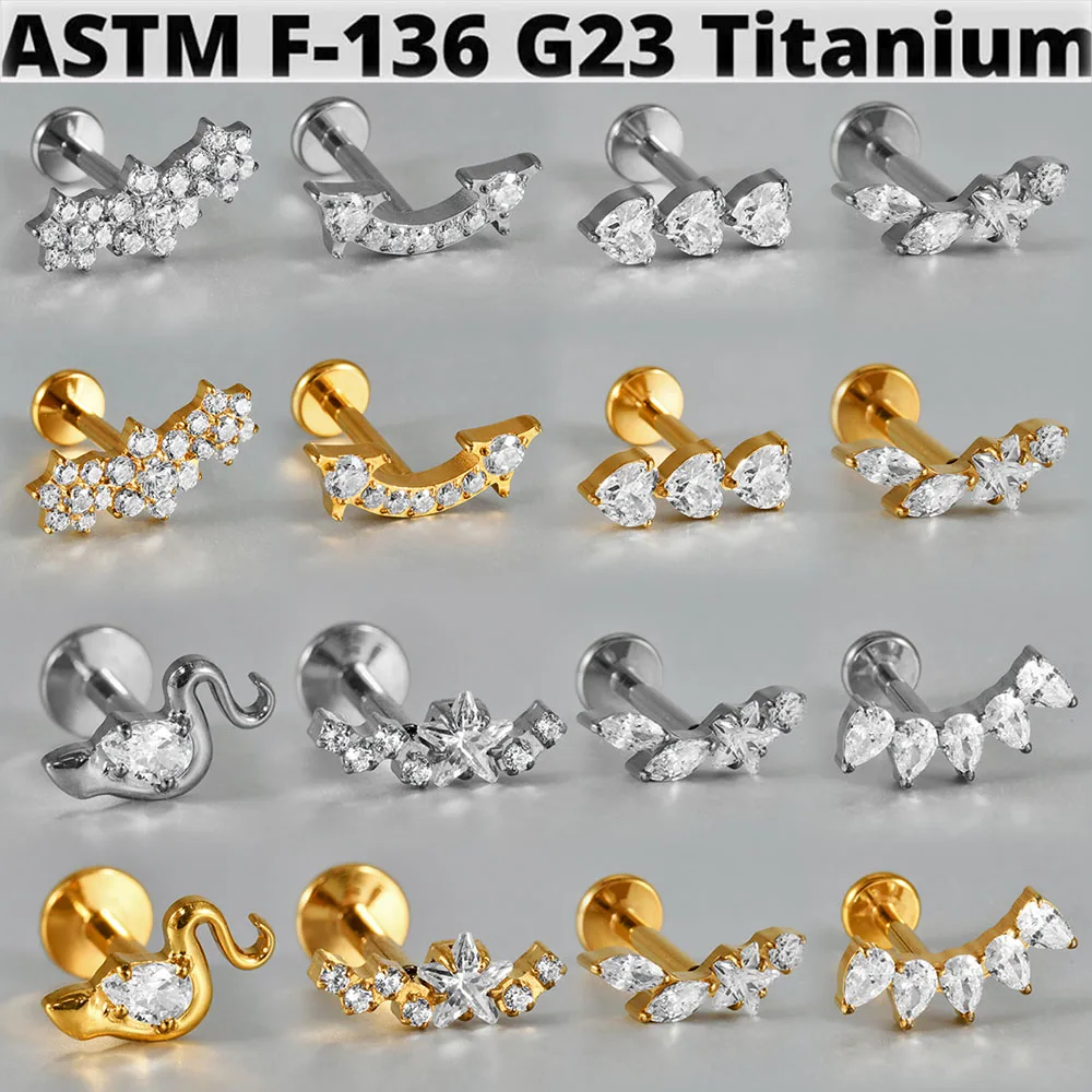 G23 Titanium Star Zircon Lip Studs Internal Thread Cz Heart Ear Helix Tragus Cartilage Helix Earrings Body Piercing Jewelry