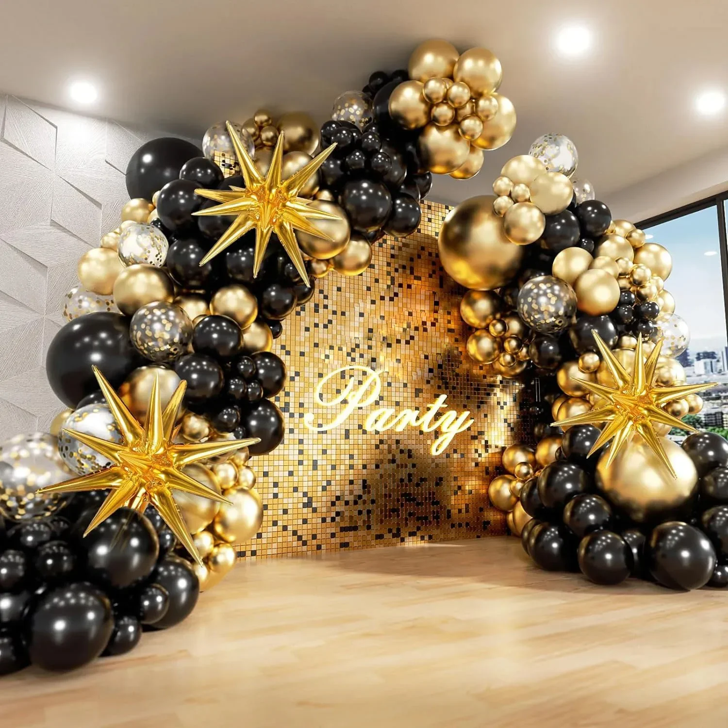 

132Pcs Black and Gold Balloons Garland Arch Kit with Starburst Foil Balloons for New Years Wedding Birthday Party Decorations