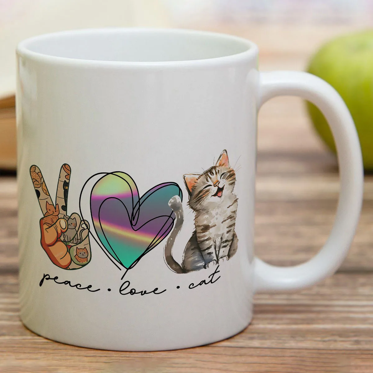 1pc, Peace Love Cat 11oz Ceramic Coffee Mug – Funny & Unique Design with Rainbow Heart & Cat Illustration, Perfect Gift for Cat