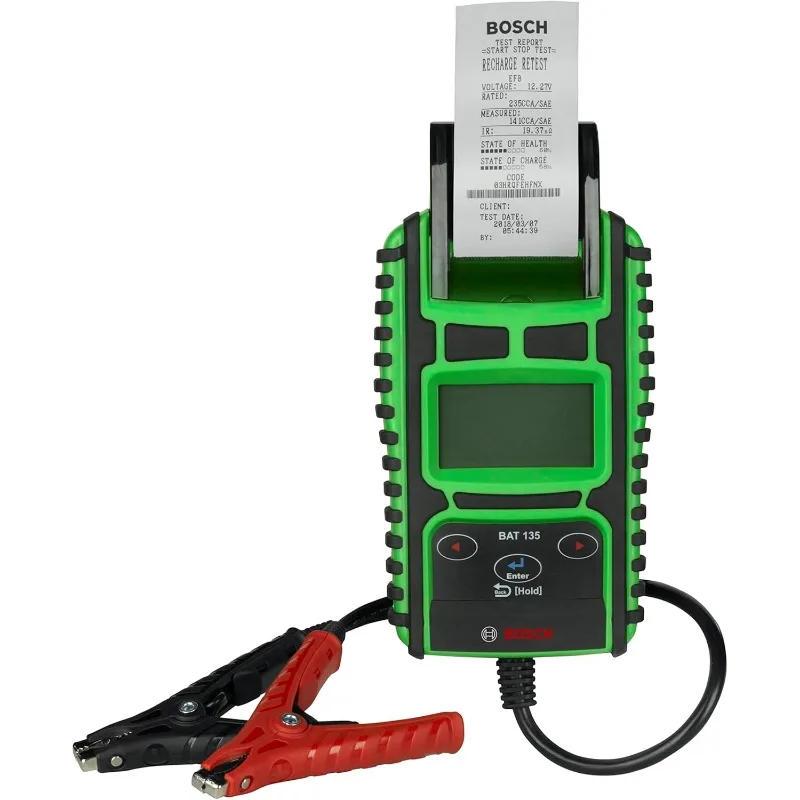 

Bosch 1699200244 Bat 135 Battery and Charging System Tester with Integrated Printer, Detachable Clamps, and Storage Case for 6V
