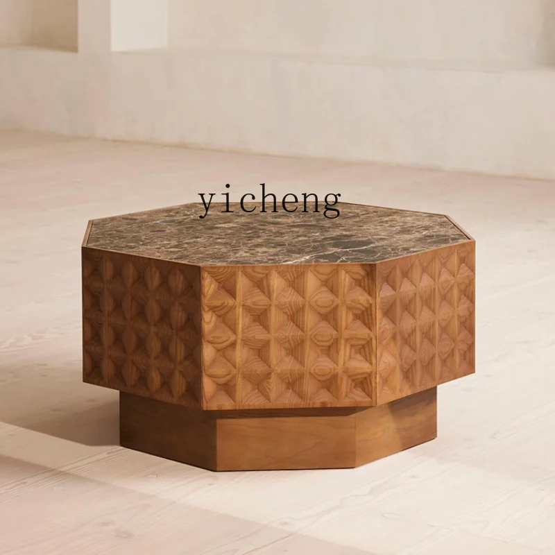 ZC Solid Wood Tea Table Marble Side Table Cave Stone Living Room Tea Table