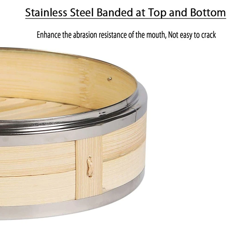 【NEW】3X 2 Tier Kitchen Bamboo Steamer With Double Stainless Steel Banding For Asian Cooking Buns Dumplings Fish Rice