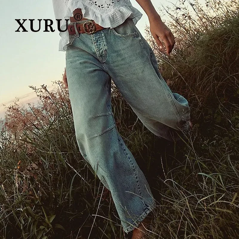 

XURU - New Women's Washed Retro Mid Rise Jeans, Y2k Casual Pants, Long Jeans, Men's Pants