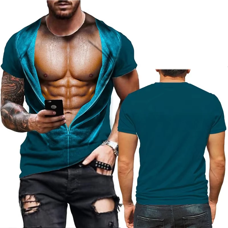 Unisex 3D Fake Open Zipper Muscle Graphic T‑Shirt Novelty Optical Illusion Crew Neck Casual Short Sleeve Party Tops for Men