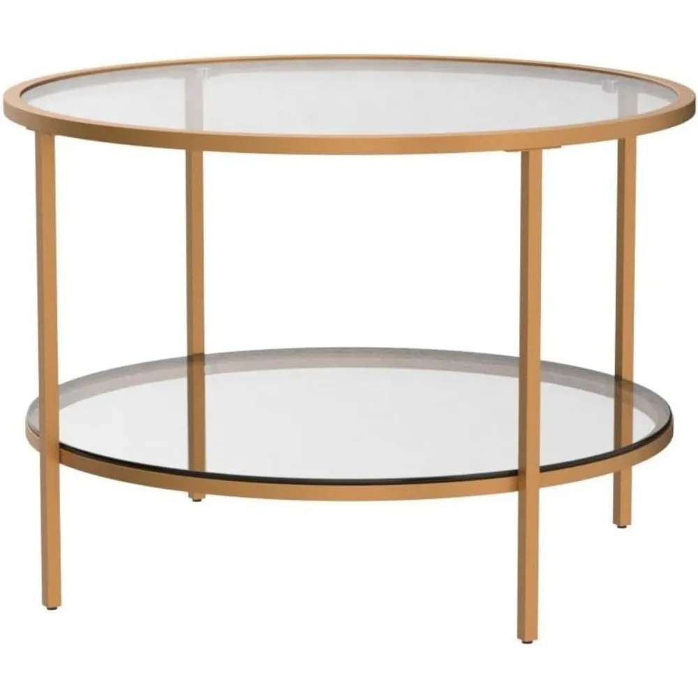 Round Gold Living Room Coffee Table with Storage Compartment Transparent Coffee, Simple Modern Medium Table for Small Spaces