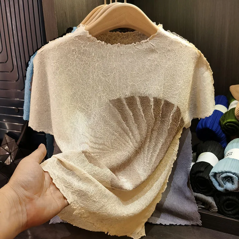 

Плиссированная футболка Miyake, блузка, весна-лето 2021, новинка Senior Sense Folds, простая свободная зарубежная нижняя рубашка с короткими рукавами