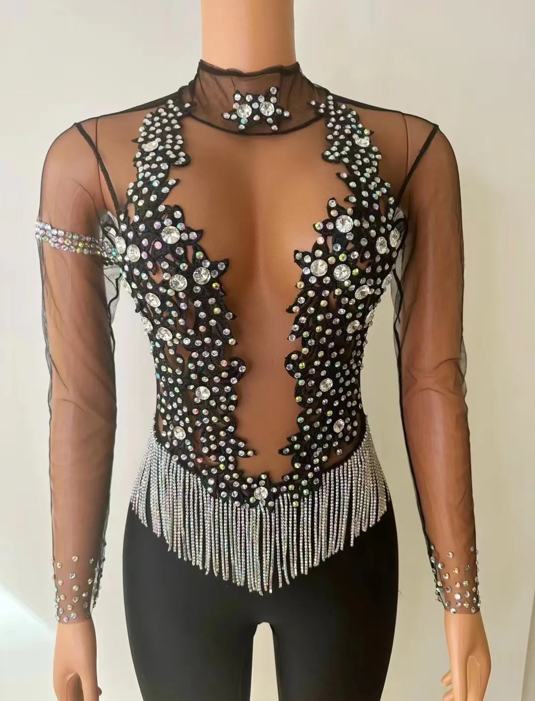 

Silver Rhinestone Fringe Transparent Jumpsuit Women Black Velvet Stretch Leggings Dance Singer Costume Nightclub Party Clothing