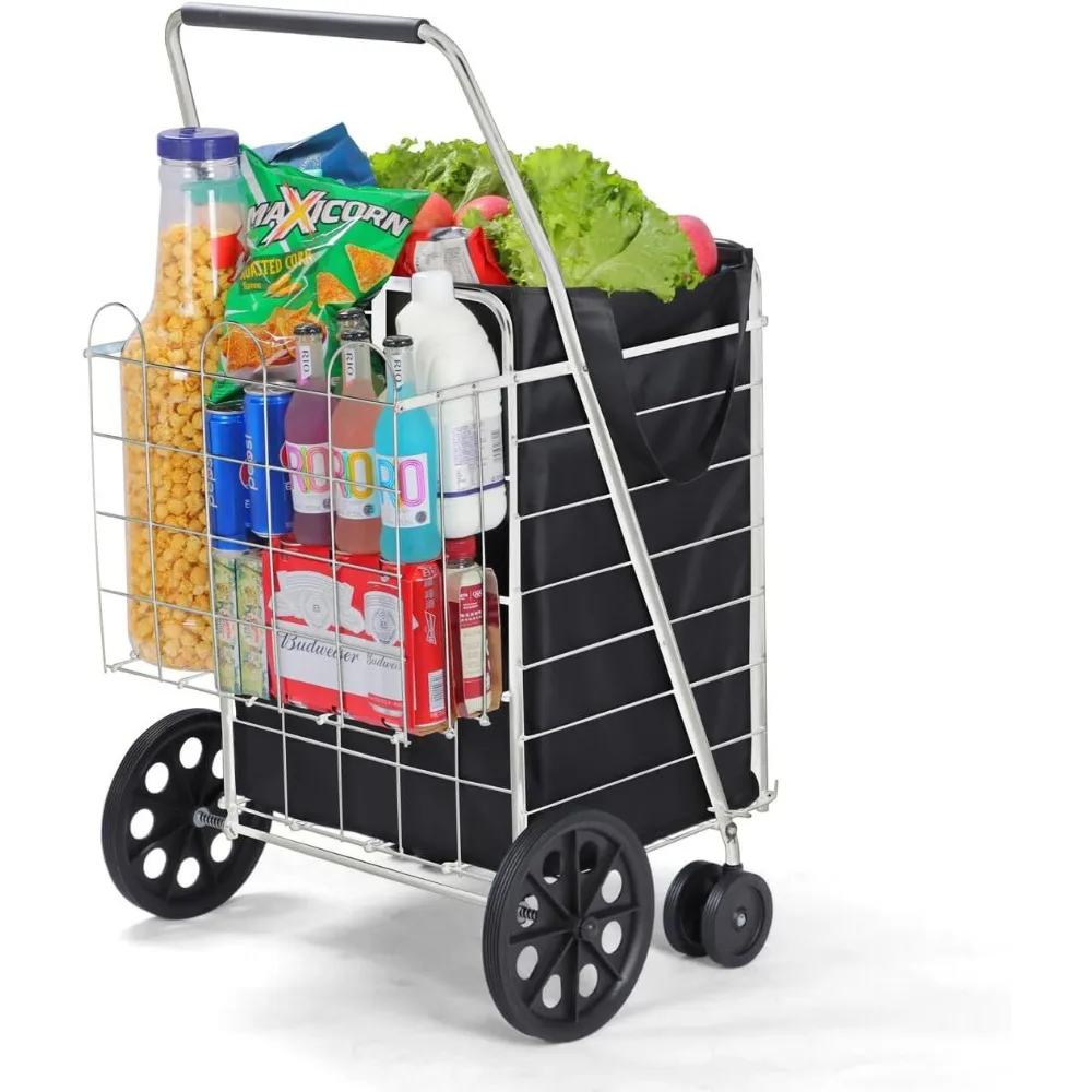 

Folding Utility Shopping Cart with Double Basket & Swivel Wheels