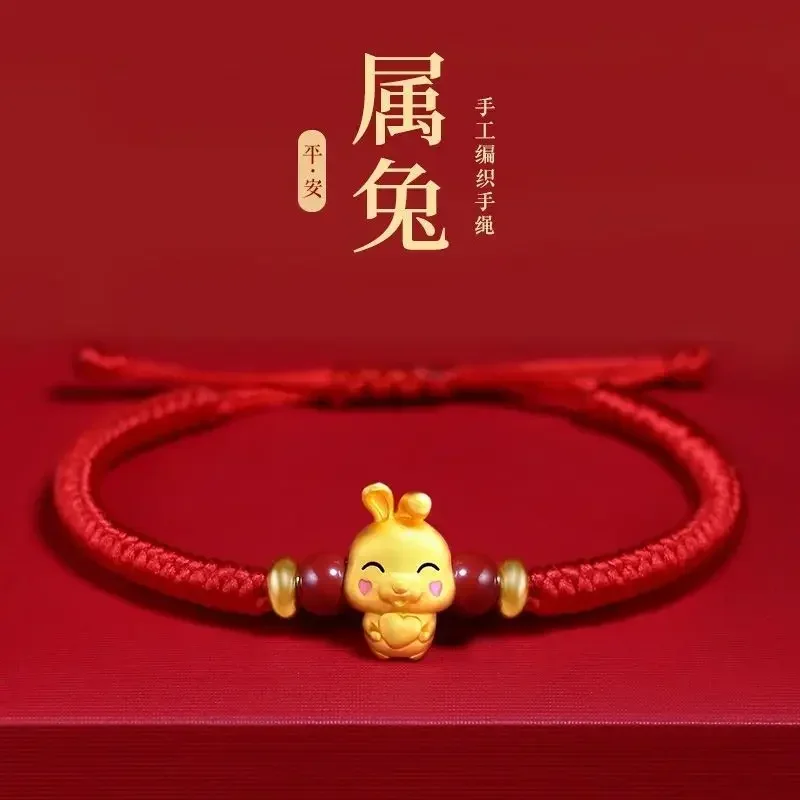 

Imitation Real Gold Color 999 Rabbit Year Red Rope Bracelet Female Black Rope Male Hand-woven Zodiac Mascot for Good Luck Gifts