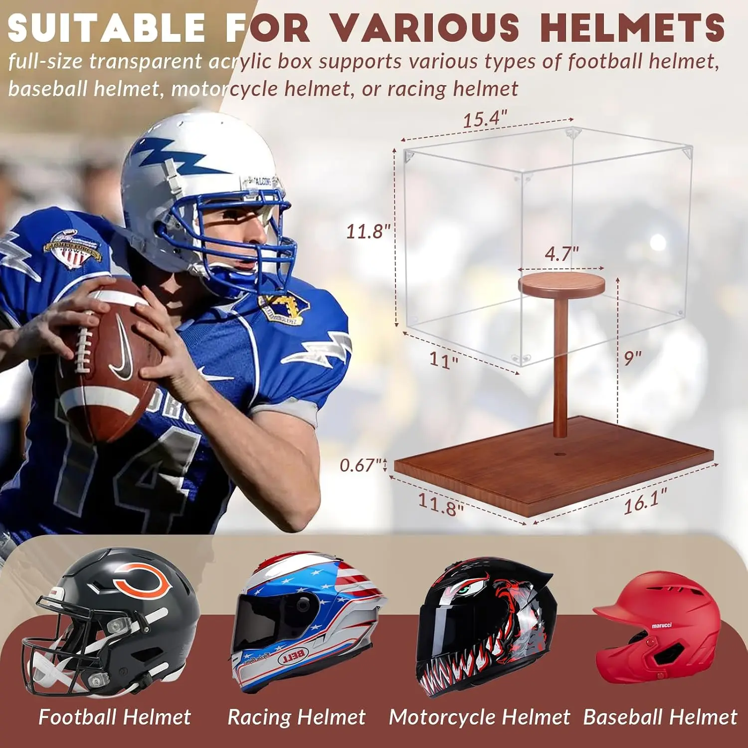 Football Helmet Display Case, Full Size Acrylic Baseball Motorcycle Helmet Showcase, UV Protection Souvenirs and Collectibles