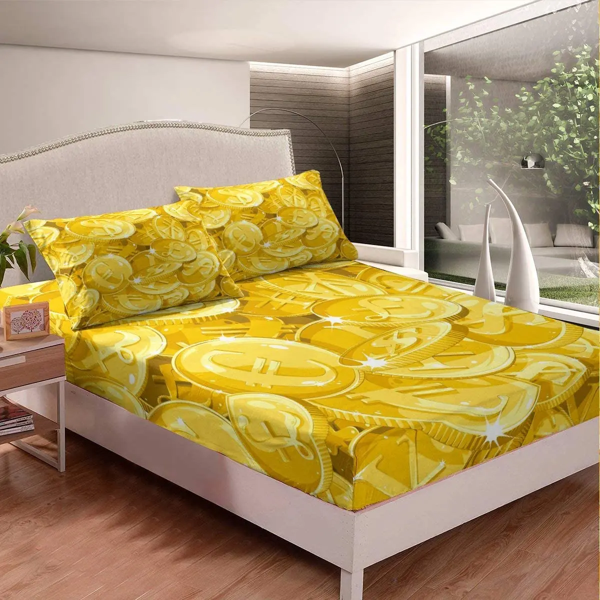 Us Dollar Fitted Sheet Golden Coin Pattern Bed Sheet Glitter Bling Sequins Bedding Set Bedroom Living Room Decorative  Twin Size