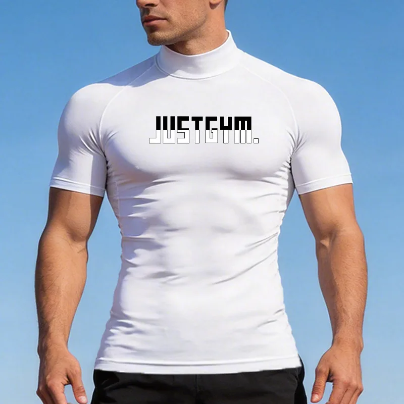 Mens Turtleneck Compression T Shirt Fitness Tight Short Sleeve Running T-shirts Training JUST Gym Shirts Quick Dry Base Layer
