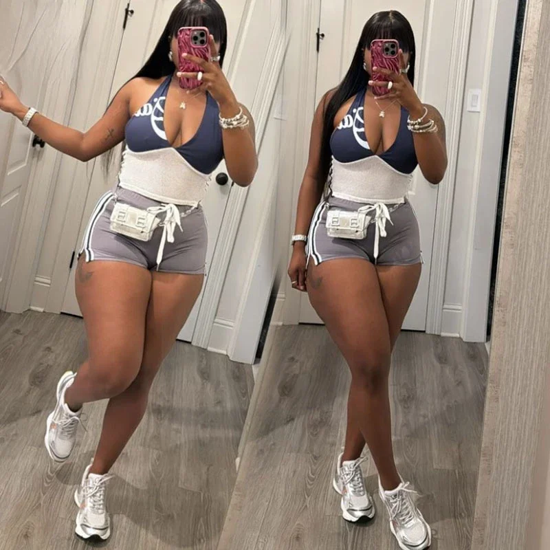 

Two Piece Short Set for Women Y2k Style Mesh Patchwork Halter Crop Top and Shorts Casual Sport Matching Sets