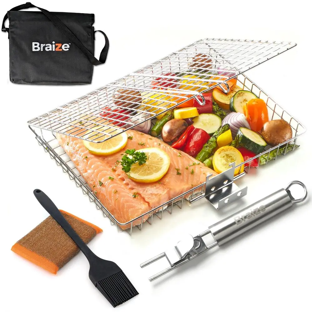 

Steel Large Grill Basket with Removable Handle 12.25 x 9.5 x 1.5 Inch BBQ Vegetable Basket with Easy Open Lid, Silicone Basting