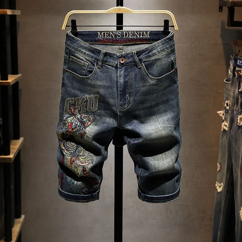 High-End Borduurwerk Trendinsvijfde Jeans Heren Zomer Mode Persoonlijkheid Straat Knappe Nauwsluitende Stretch Piratenbroek