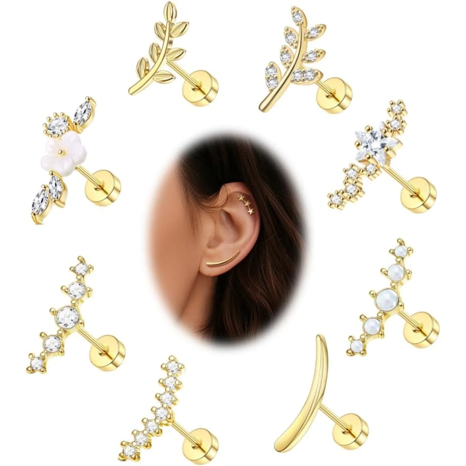 

Bobisty 9pcs 16G Cartilage Earrings Helix Piercing Jewellery for Women Men Stainless Steel CZ Star Leaf Ear Stud Earrings Set