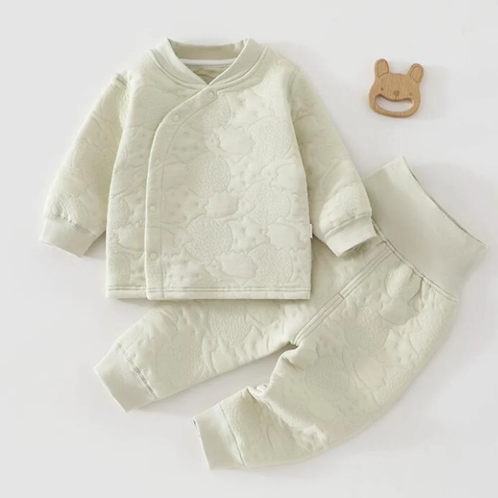 Baby Outfit Set Quilted Warm Autumn Winter Unisex Baby Boy Girl Clothes Solid Color Infant Two Piece Set Daily Wear