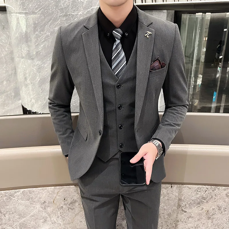 Men Clothing (blazer+vest+pants) Fashion Business Casual Hosts The Korean Version of The British Style Slim Gentleman Wedding