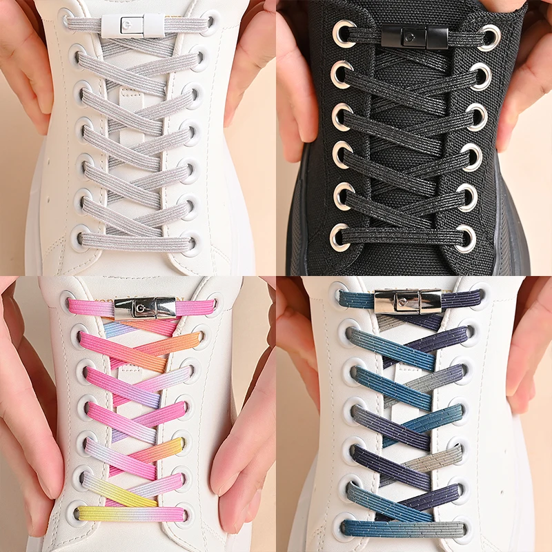 ไม่มี Tie รองเท้า Laces กดล็อค Shoelaces เพิร์ลสีสันแฟชั่นไม่มี TIES Elastic Laces รองเท้าผ้าใบเด็กผู้ใหญ่กว้างขึ้น