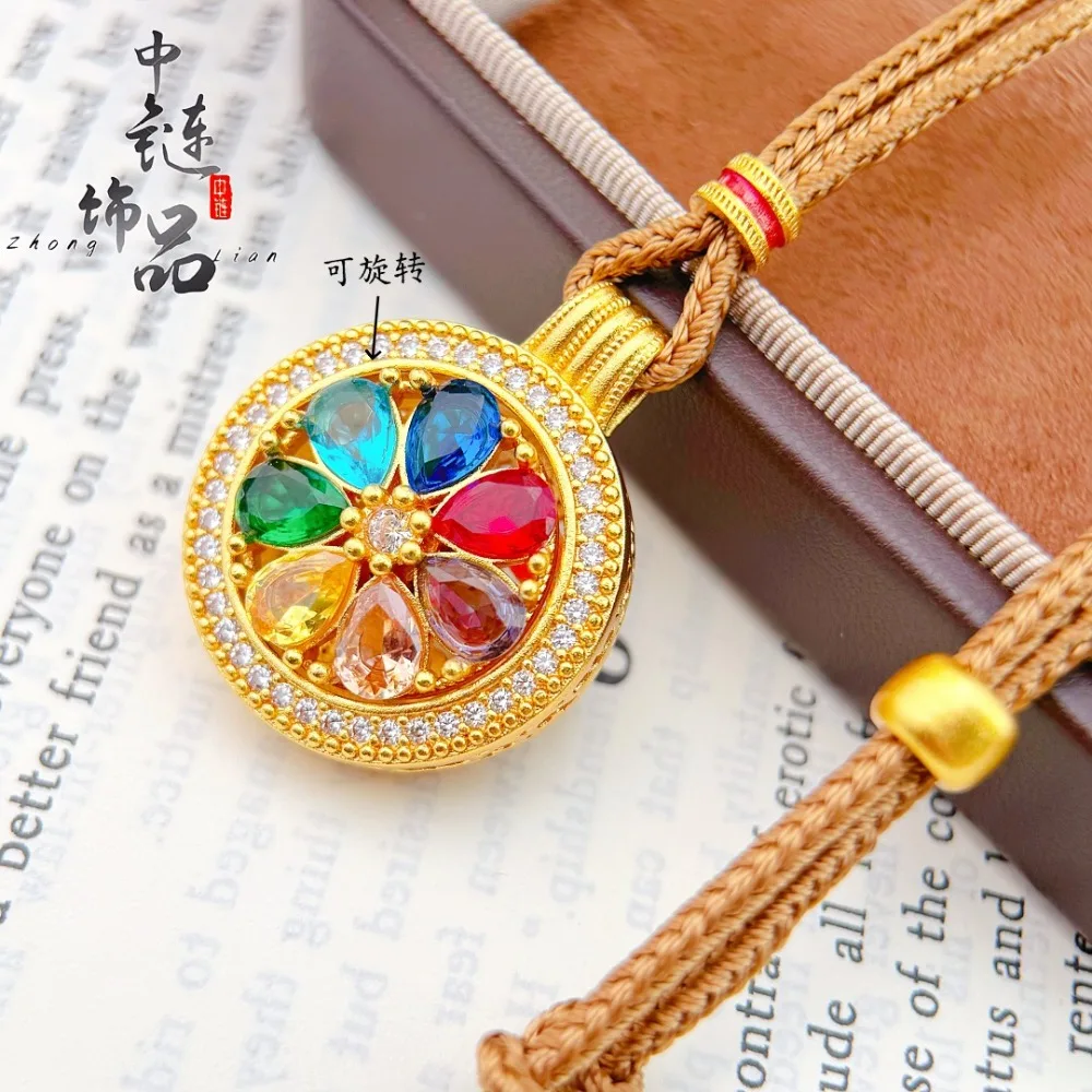 Gold micro set with rotating colorful gemstone eight treasure compass pendant 9999gold