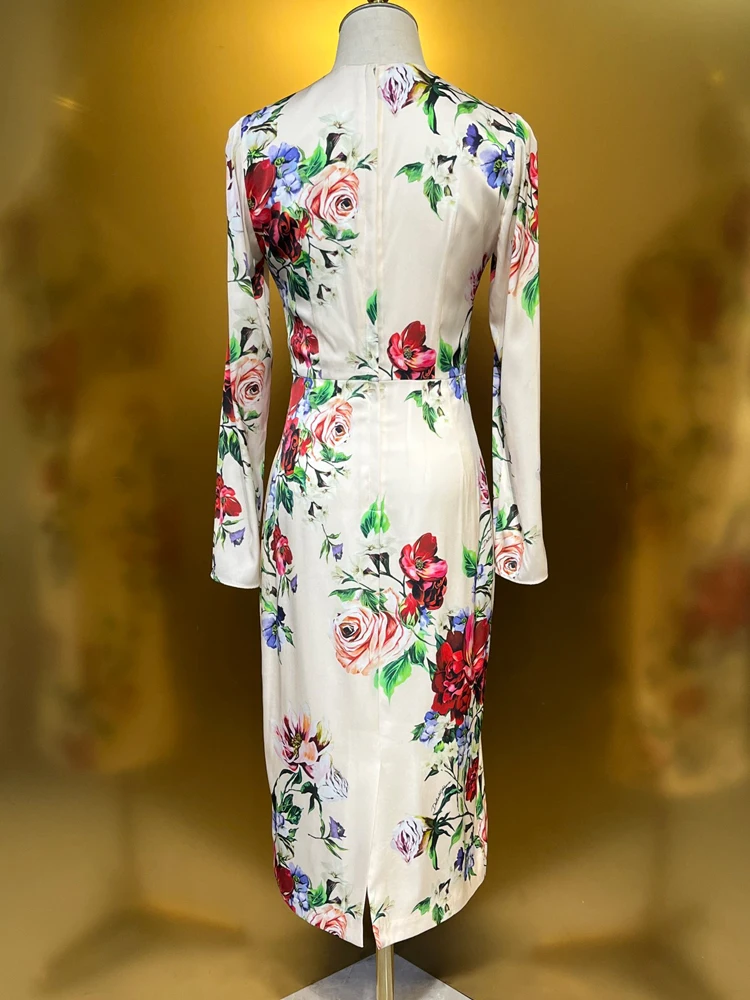 AELESEEN Sicilian 100% Silk Sheath Dress Women Spring Autumn Long Sleeve Flower Printed Slim Split Elegant High Quality Party