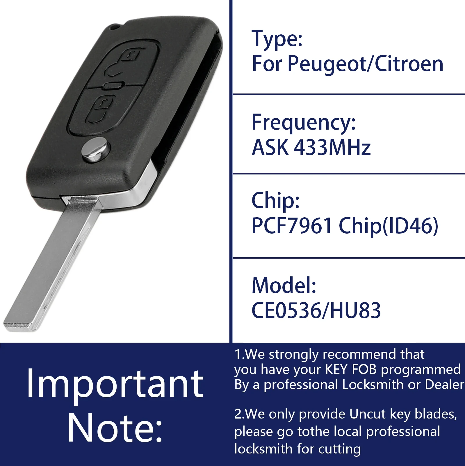 OHMSEN 2 Button Remote Key Fob ASK 433MHz CE0536 HU83 Blade for Peugeot 207 307 308 807 Citroen C2 C3 C4 Picasso PCF7961 Chip