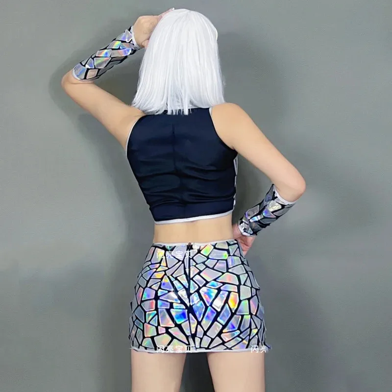 Shiny Sequins Short Skirt Sexy Crop Tops Stage 2 Piece Outfit Women Gogo Dancer Group Jazz Dance Performance Costume Rave Show