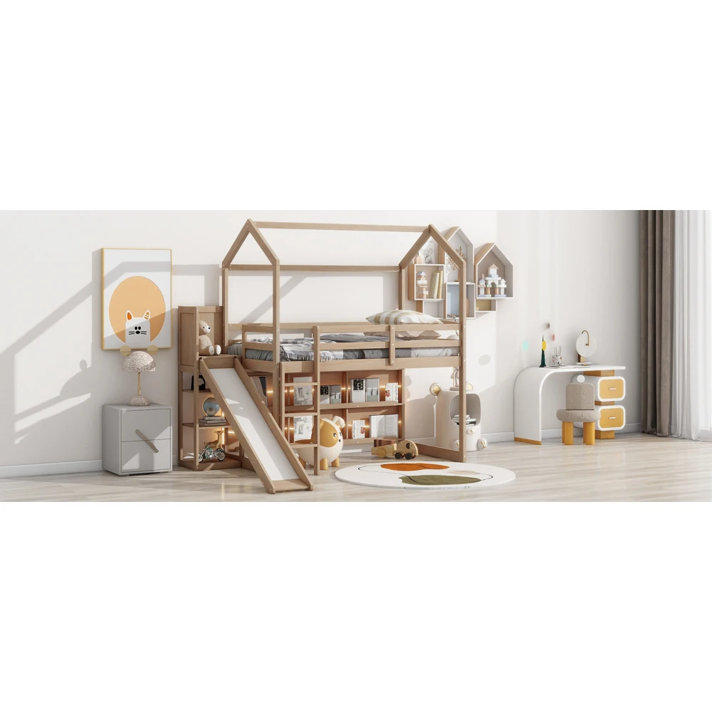 Twin Size Wood House Loft bed with Slide, Storage shelves and Light, Climbing Ramp, Wood Color