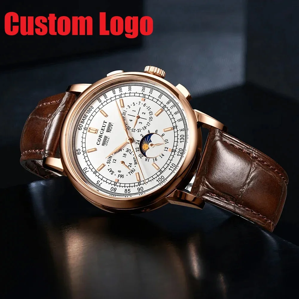 

Corgeut 41mm Luxury Automatic Seagull Movement Custom Logo 316L Stainless Steel Case Date Moon Phase Leather Watch Band