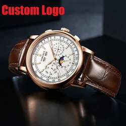 Corgeut 41mm Luxury Automatic Seagull Movement Custom Logo 316L Stainless Steel Case Date Moon Phase Leather Watch Band