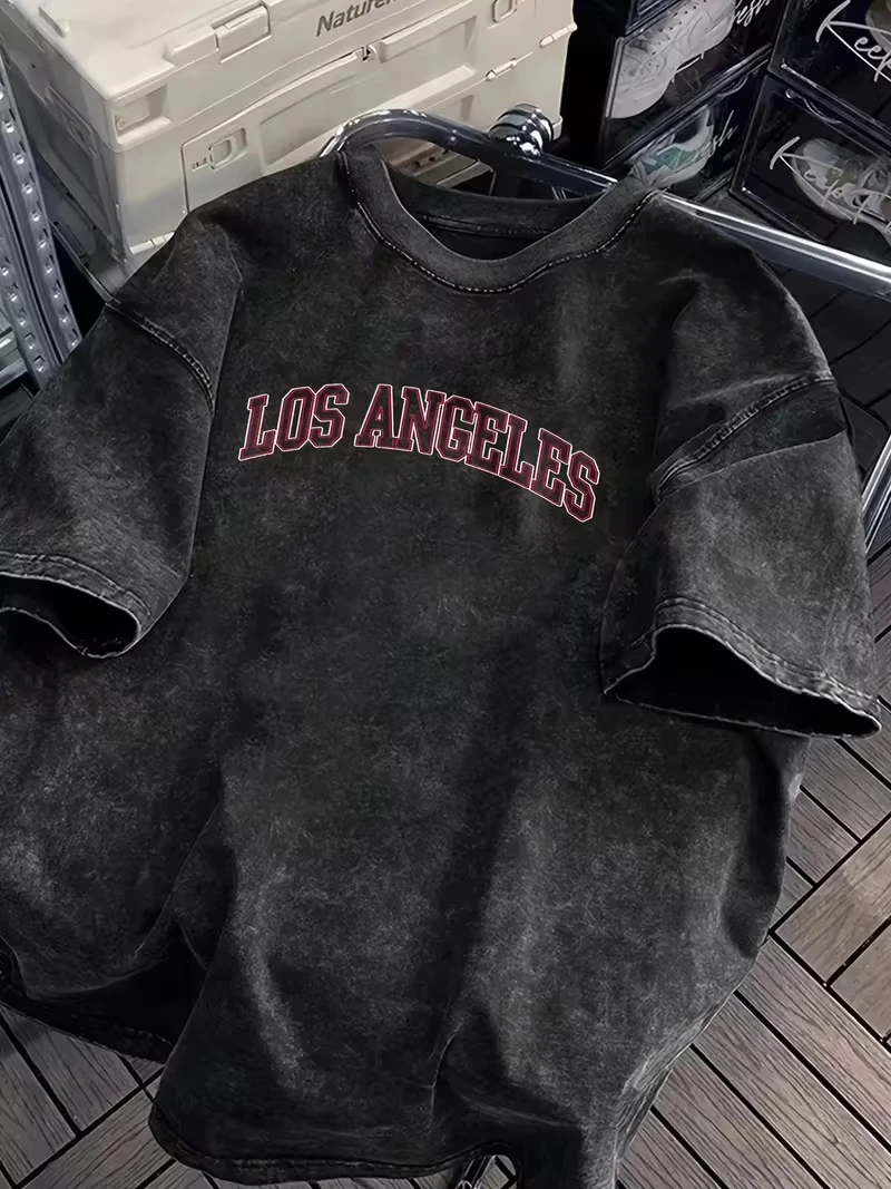 100% Cotton Unisex Vintage Washed Los Angeles Arch Letter Graphic T Shirt Retro USA City Casual Washed Black Crew Neck Short Sleeve Top