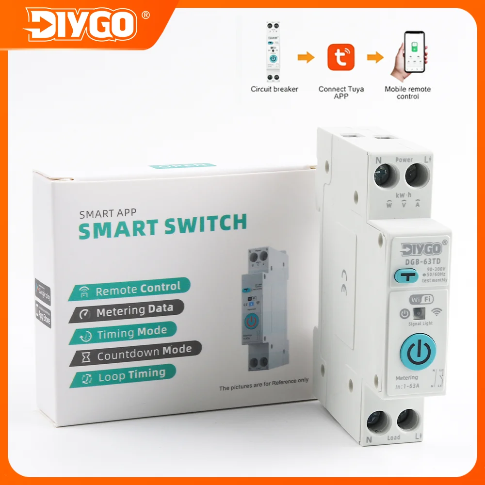 DIY GO Din Rail Tuya WiFi Smart Circuit Breaker Switch 63A Leakage Over/Under Voltage Protection Power Monitoring Voice Control