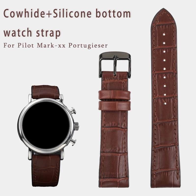 Cowhide lea ther silicone bottom watchstrap 20 21 22mm black brown blue green watchband For IWC pilot mark-xx portugieser series