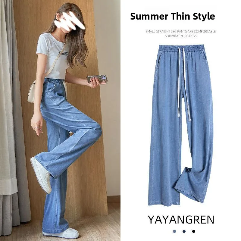 Ice Silk Wide Leg Pants Women's Summer Thin High Waist Draped Slim Straight Casual Slimming Versatile Lyocell Denim Jeans
