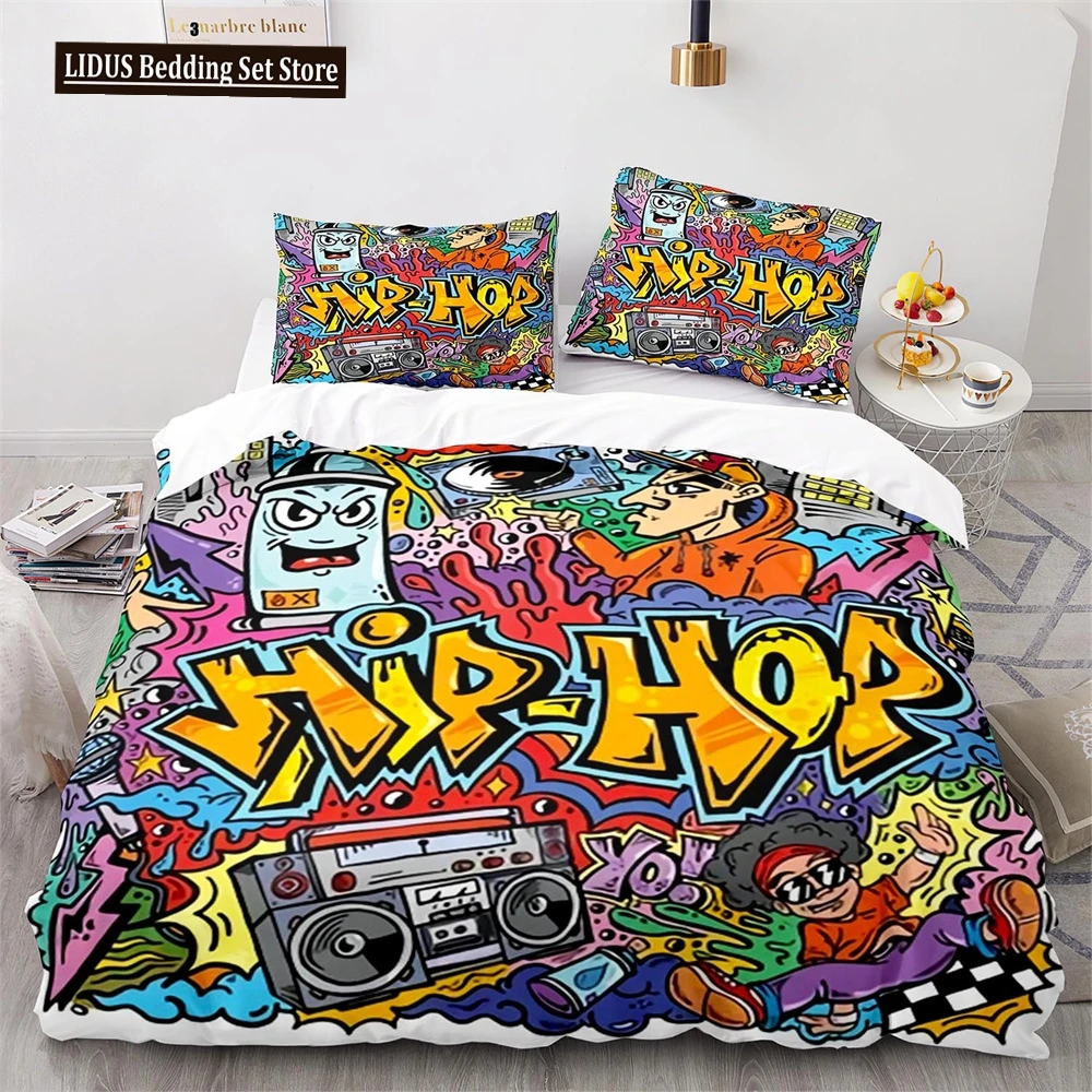 

Hip Hop Art Duvet Cover Set For Teens Boys Girls Colorful Graffiti Polyester Comforter Cover Set Rock Music Sports Quilt Cover