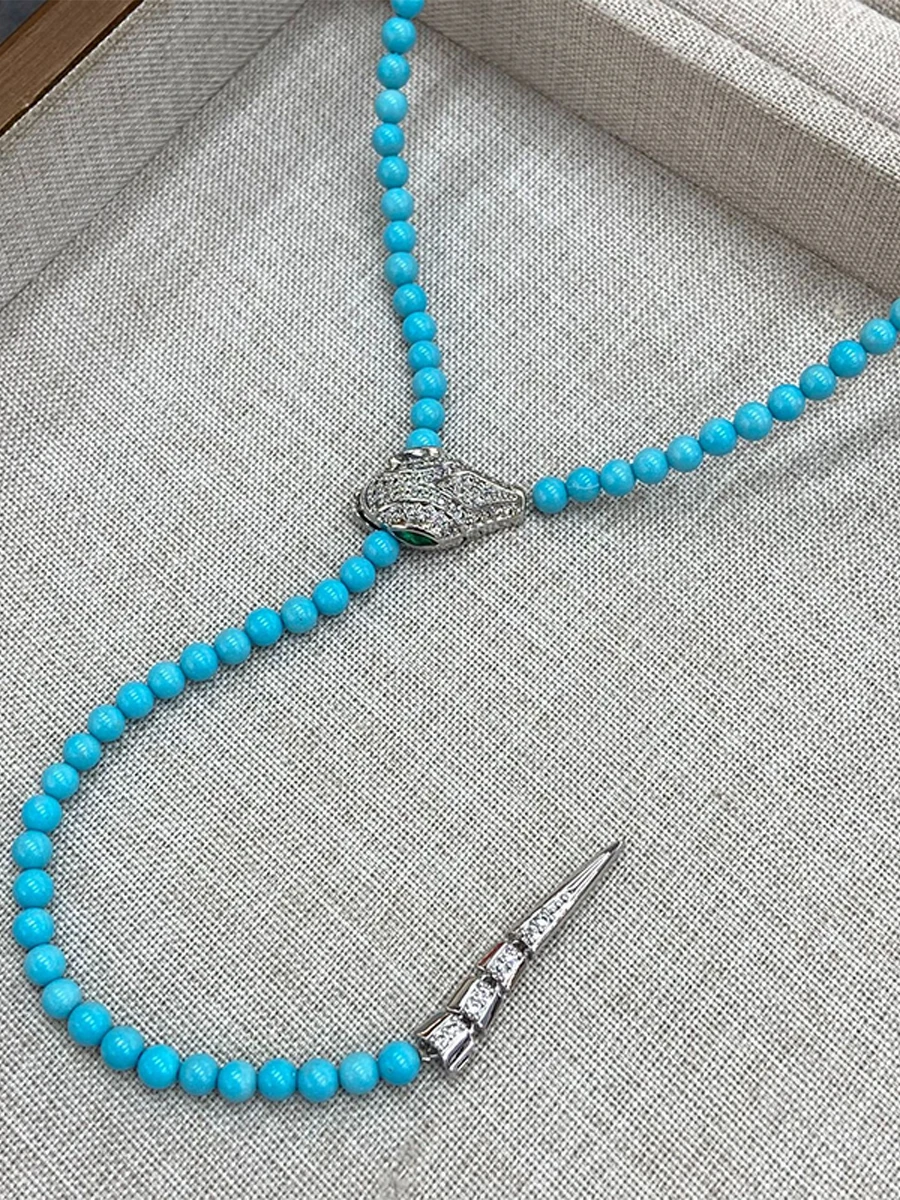 Vintage Turquoise Snake Necklace Set New Chinese Style Long Pendant Chain Light Luxury Retro Earrings & Necklace for Women